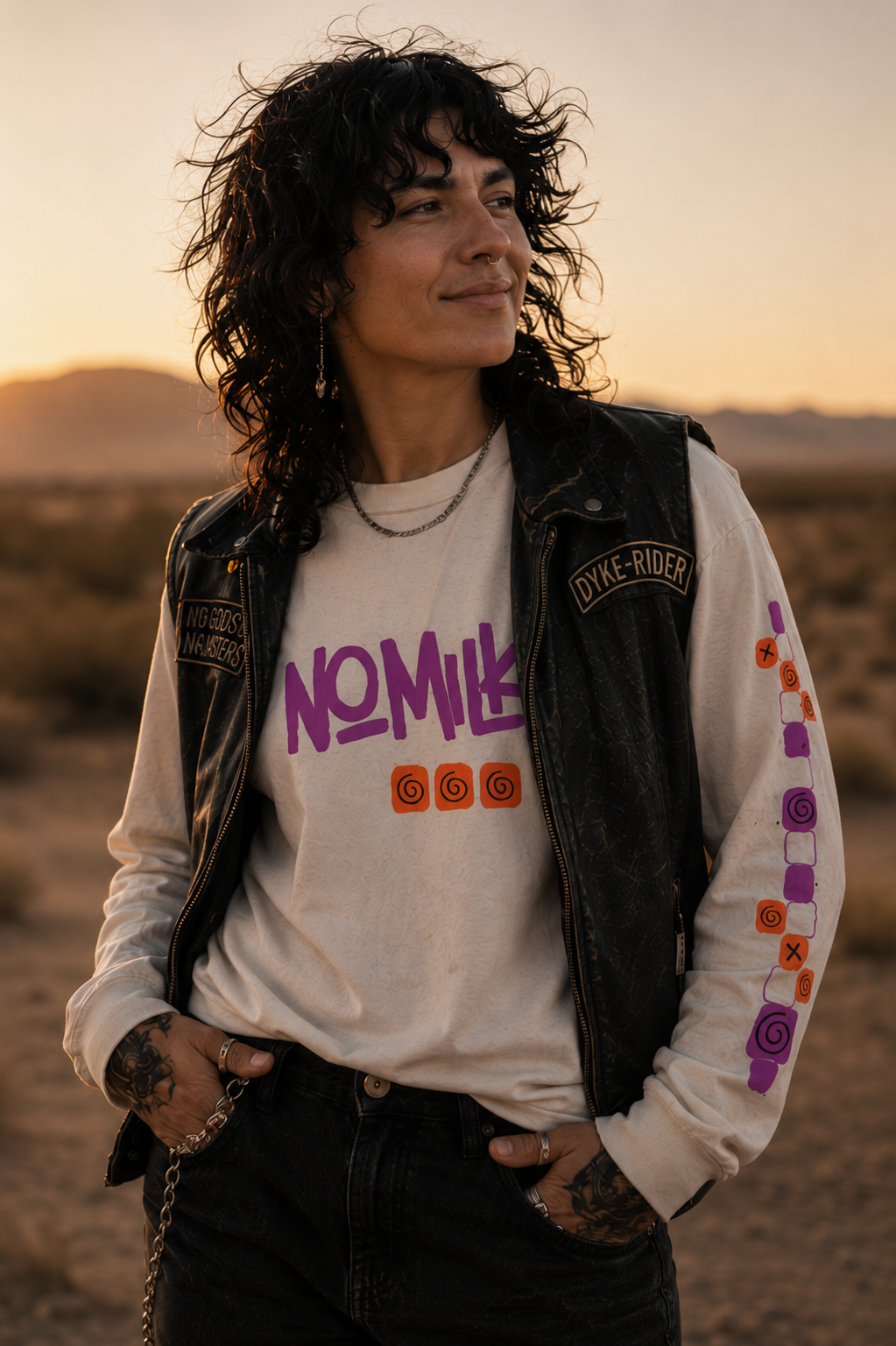 Person wearing a white long-sleeve Noughts Win shirt with colorful text and graphics, standing in a desert landscape at sunset.